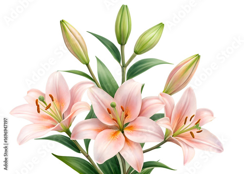 Delicate pink lily flowers and buds with green leaves isolated on transparent background