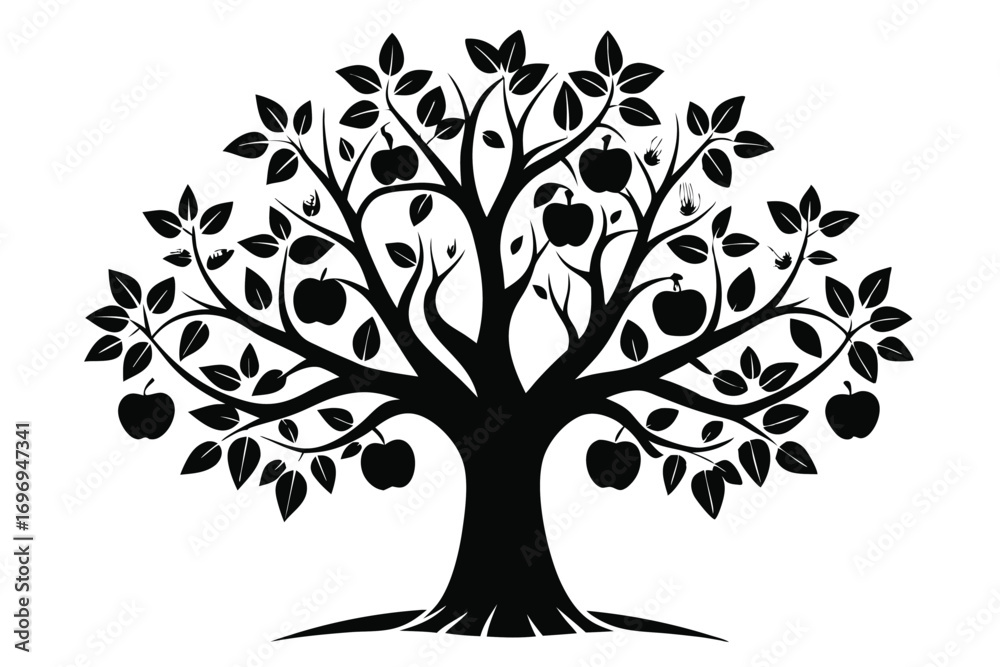 Obraz premium Silhouette of Apple Tree with Leaves and Apples on Branches, Black and White