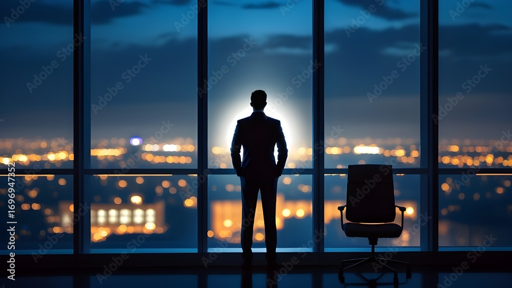 Fototapeta premium Silhouette of Business Executive Looking at City Skyline from Corporate Office Window at Dusk