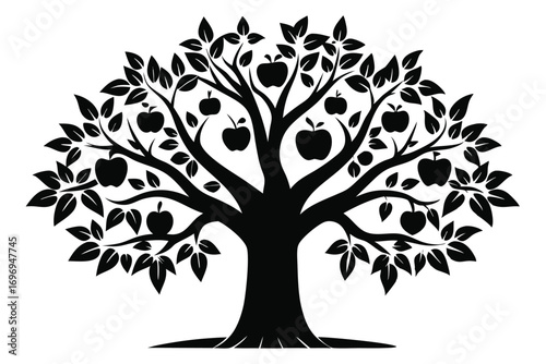 Stylized Silhouette of an Apple Tree with Fruit, Leaves, and Branch Detail