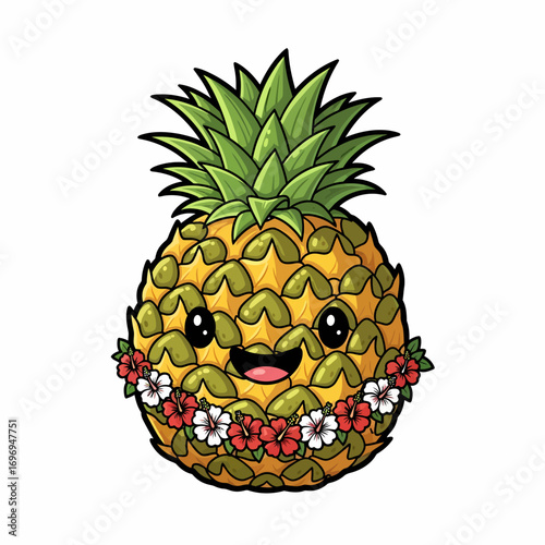 Charming cartoon pineapple illustration featuring a cute smiling face and adorned with a colorful Hawaiian-style flower lei, embodying tropical joy and summer vibes