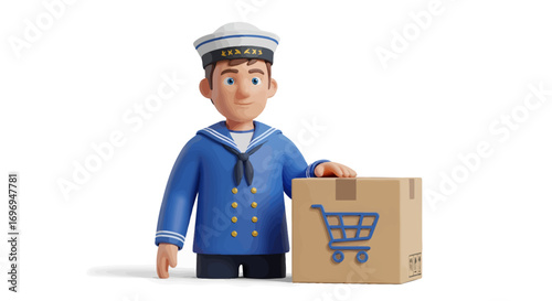 Professional 3D illustration of a sailor character with a cardboard package for e-commerce, online shopping, and delivery services