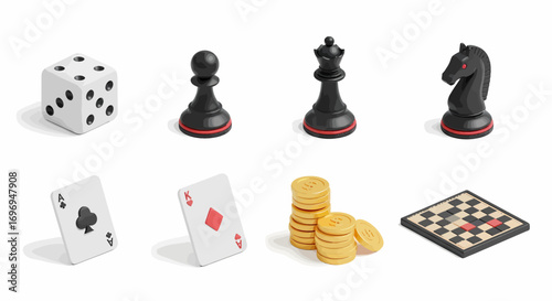 A charming set of minimalist 3D isometric game icons featuring traditional elements such as dice, chess pieces, playing cards, and betting tokens, isolated on a white background