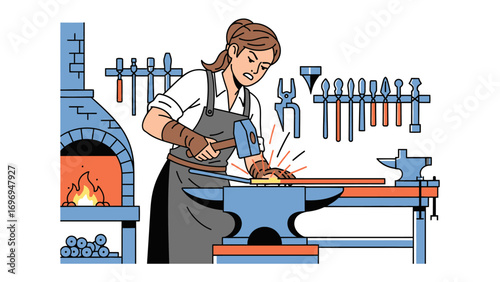 Artisan's Forge: A skilled artisan, absorbed in their craft, hammers a glowing metal on an anvil. The sparks dance in the air. Surrounded by essential tools and the warmth of a furnace.