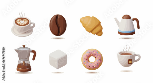 A delightful set of 8 minimalist 3D icons for a cafe or breakfast theme. Includes coffee, a croissant, a donut, and tea, all isolated on a white background