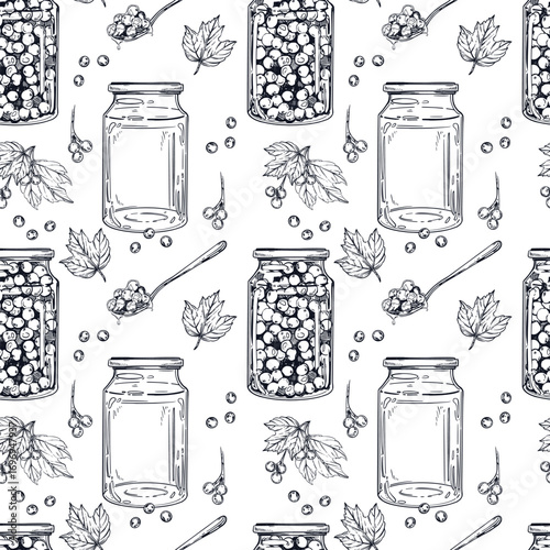 Seamless vector pattern from blanks, jam in jars, viburnum berries, leaves, spoons with jam. All objects are hand-drawn with ink. Illustration is suitable for printing on paper, for design.