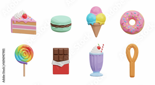 Colorful 3D rendered minimalist dessert icons set. A cute collection of sweet treats like cakes, ice cream, donuts, and chocolate, ideal for charming digital designs
