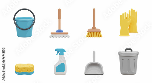 Cleaning Tools A Set of 3D Rendered Icons for Home Hygiene and Upkeep