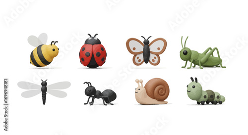 A set of 8 minimalist cute 3D insect and garden creature icons, playfully rendered with smooth textures, isolated on a clean white background, perfect for digital projects and educational content