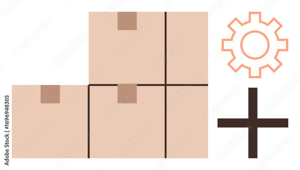 Obraz premium Stacked boxes alongside a gear and plus sign visualizing management, logistics, supply chain, storage, delivery, organization, and collaboration. Ideal for business operations in a simple flat