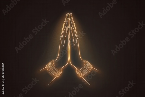 Neon line art namaste gesture symbolizing spirituality and peace