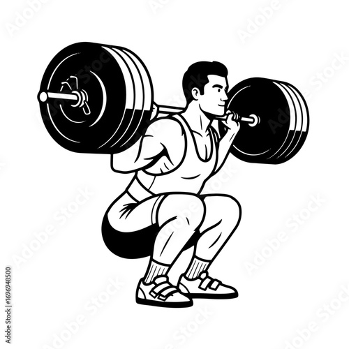 Male athlete performing a barbell squat, a classic weightlifting exercise illustration.