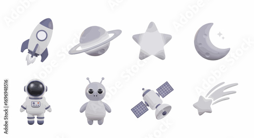 Cute 3D Space Icons A Whimsical Collection Featuring Rockets, Astronauts, Aliens, and Celestial Objects