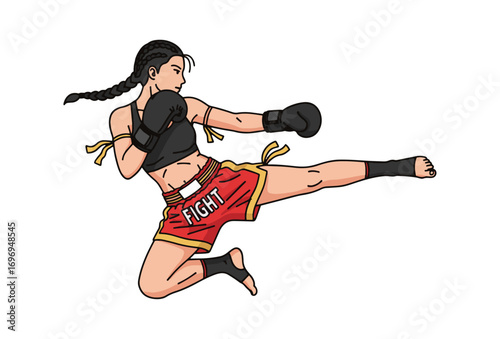 Female Muay Thai fighter delivering a powerful kick and punch, vector illustration