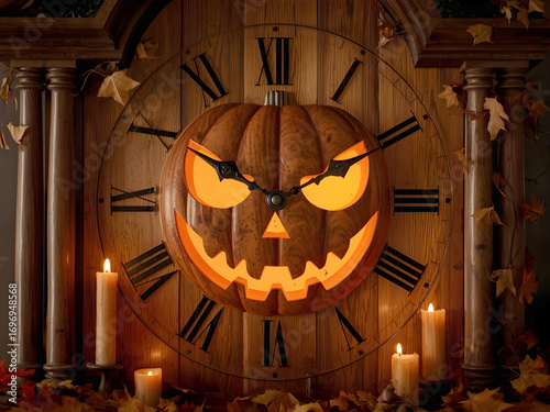 Historic astronomical clock with zodiac dial and jack-o’-lantern