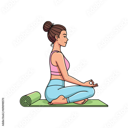 Young woman meditating in easy pose on yoga mat with Gyan Mudra