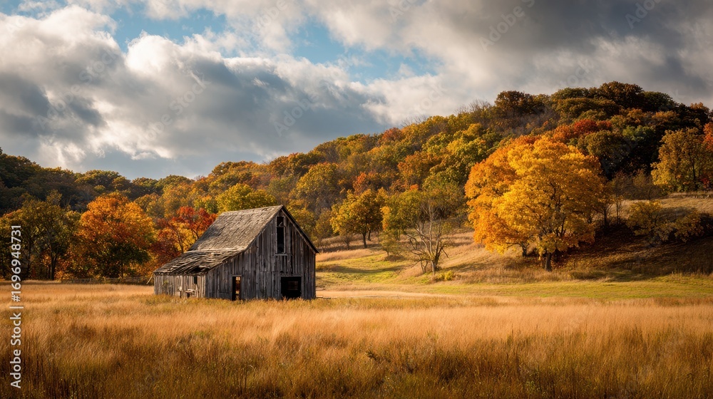 Fototapeta premium Rustic Autumn Barn Surrounded by Vibrant Trees and Sunlit Fields in Rural Michigan