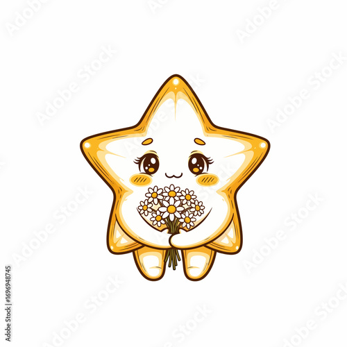 Adorable smiling star character holding a bouquet of daisies, rendered in a cute cartoon style with warm golden hues and a gentle blush on its cheeks