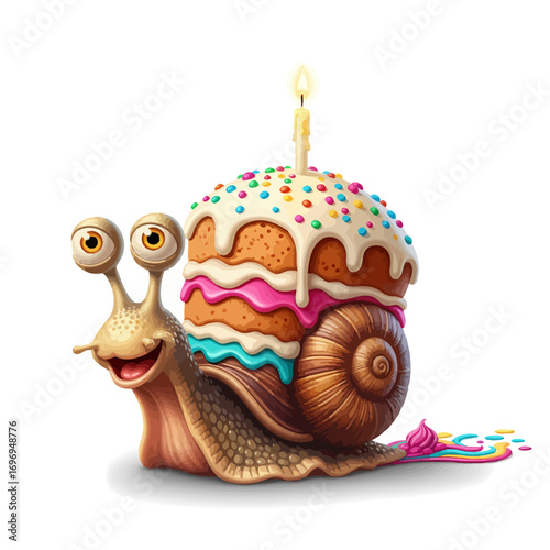 A delightful cartoon snail with a festive birthday cake as its shell, featuring bright sprinkles and a glowing candle, exuding happiness and celebration, isolated on a white background