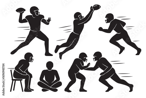American football players in various poses and actions