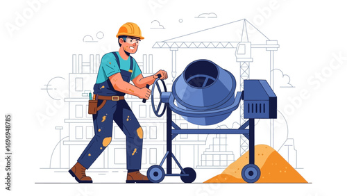 Construction Worker and Concrete Mixer: A construction worker meticulously operates a concrete mixer, embodying the spirit of diligent labor and construction.
