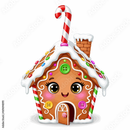Cute Gingerbread House Cartoon with Candy Cane Chimney and Smiling Face