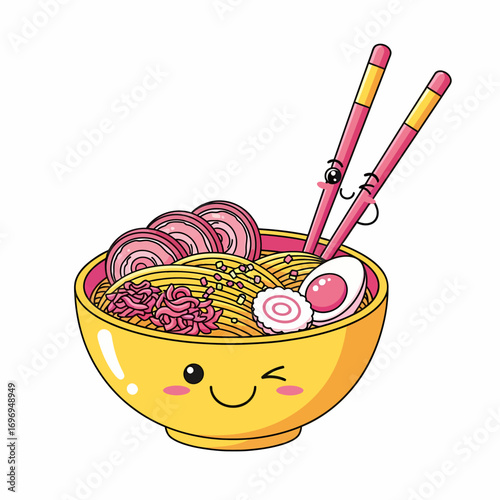 Charming cartoon ramen bowl, winking and smiling, filled with delicious noodles, egg, and traditional toppings, with cheerful pink chopsticks, a vibrant food illustration isolated