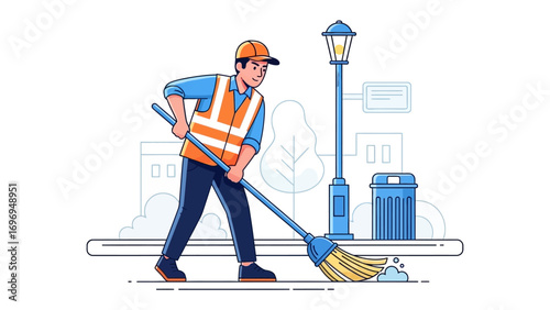 Street Sweeper in Action: A dedicated street sweeper diligently cleans a public walkway, demonstrating commitment to urban maintenance and the preservation of cleanliness in a modern city.