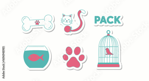 Vibrant Pet Icon Sticker Pack Cat, Dog, Fish, and Bird Essentials