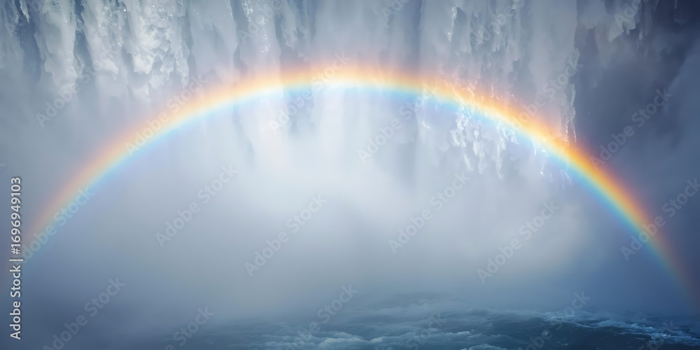 Fototapeta premium Serene Waterfall Scene with Rainbow and Soft Mist