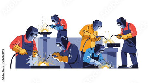 Industrial Welding Precision: An illustration of skilled technicians employing advanced welding techniques in a structured industrial setting.