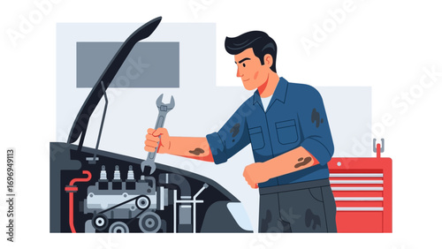 Automotive Technician in Action: A skilled technician meticulously repairs a vehicle engine with precision, showcasing expertise and dedication within the mechanical field.