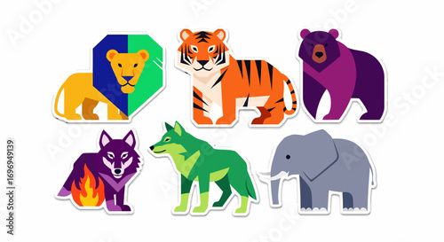 Vibrant Animal Stickers Lion, Tiger, Bear, Wolf, Coyote, and Elephant Collection