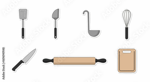 A detailed collection of essential kitchen utensils and cooking tools, depicted as modern flat design stickers, perfect for culinary projects, food preparation graphics, and recipe illustrations