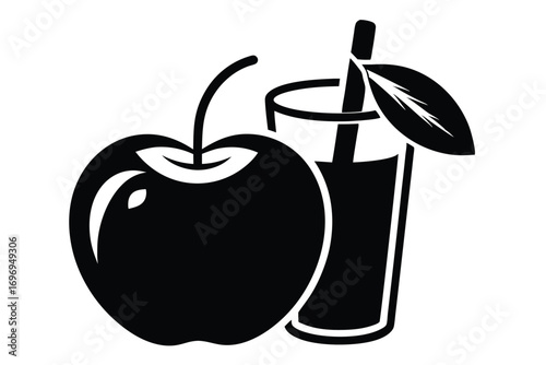 Black and White Illustration Apple and Tall Glass of Fresh Juice Drink