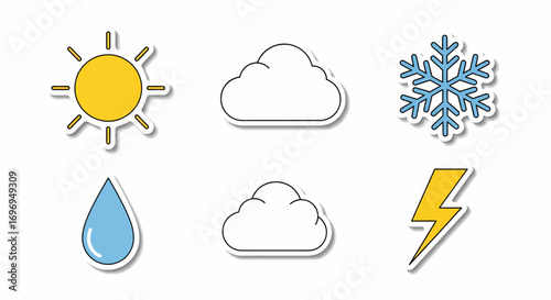 Simple Weather Icons Sticker Pack Sun, Cloud, Snowflake, Raindrop & Lightning Bolt for Design