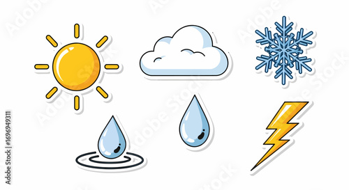 Set of weather icons representing sun, rain, snowflake, lightning, and water droplets, perfect for educational and informational content