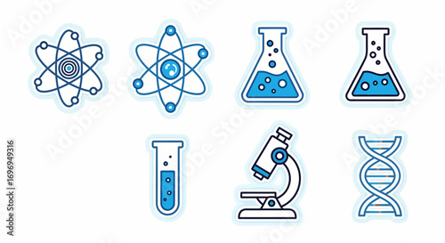 A set of colorful science-themed stickers featuring atoms, beakers, microscopes, and DNA strands, perfect for educational or creative projects
