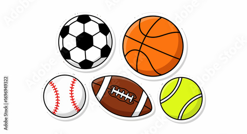Sticker set of various sports balls including soccer, basketball, baseball, football, and tennis