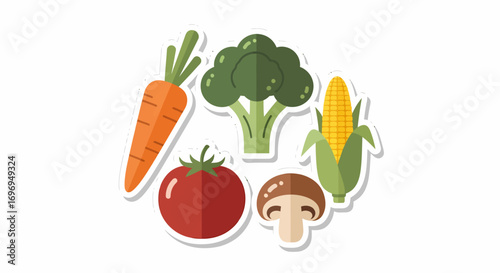 A vibrant sticker pack of various fresh vegetables carrot, broccoli, corn, tomato, mushroom. Rendered in a modern flat design style, isolated on white background