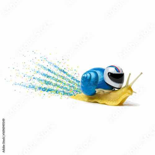 A fast yellow snail with a vibrant blue shell and a racing helmet, moving quickly with a colorful particle effect against a white background