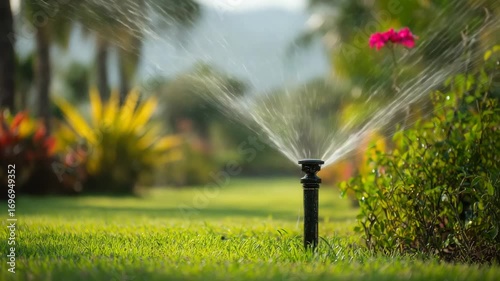 garden sprinkler watering green lawn in summer park irrigation system spraying water drops landscape care concept gardening freshness agriculture environment