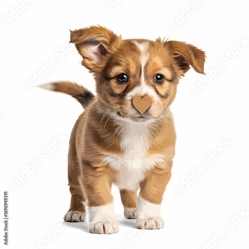 Adorable Puppy with Heart-Shaped Marking on Nose, Standing on White Background