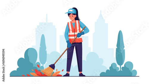 Cleaning Up the City: A diligent city worker, equipped with a broom, maintains a tidy urban landscape, showcasing the dedication of urban maintenance and environmental consciousness.