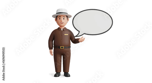 Friendly 3D park ranger avatar presenting a blank speech bubble for custom message or information display on a clean white background