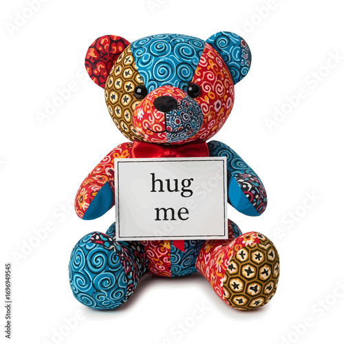 A charming patchwork teddy bear, adorned with a red bow tie, gently holds a 'hug me' sign, symbolizing warmth, affection, and comforting nostalgia, all isolated on a pristine white background