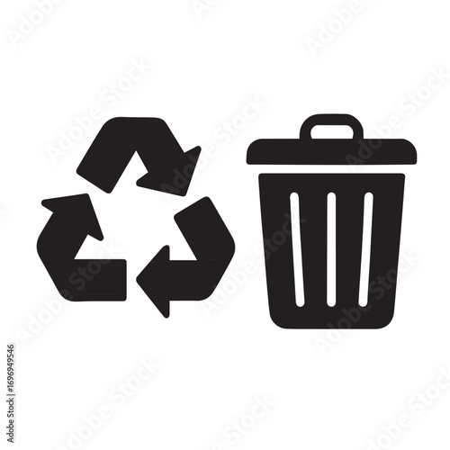 Black recycling symbol and trash can icons waste garbage