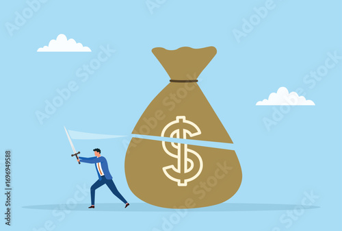 Vector illustration of a businessman cutting a large money sack with a sword, representing financial decisions, risk taking, strategy, power, and success
