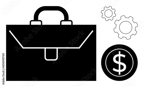 Black briefcase symbolizing business, gears showing process and productivity, and a dollar coin for finance. Ideal for business, finance, productivity, management, workflow, strategy simple landing