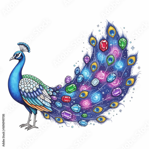 Majestic peacock displays stunning jeweled tail feathers with cosmic sparkle and vibrant gem accents